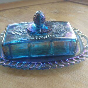 Carnival Glass Butter Dish Blue Harvest